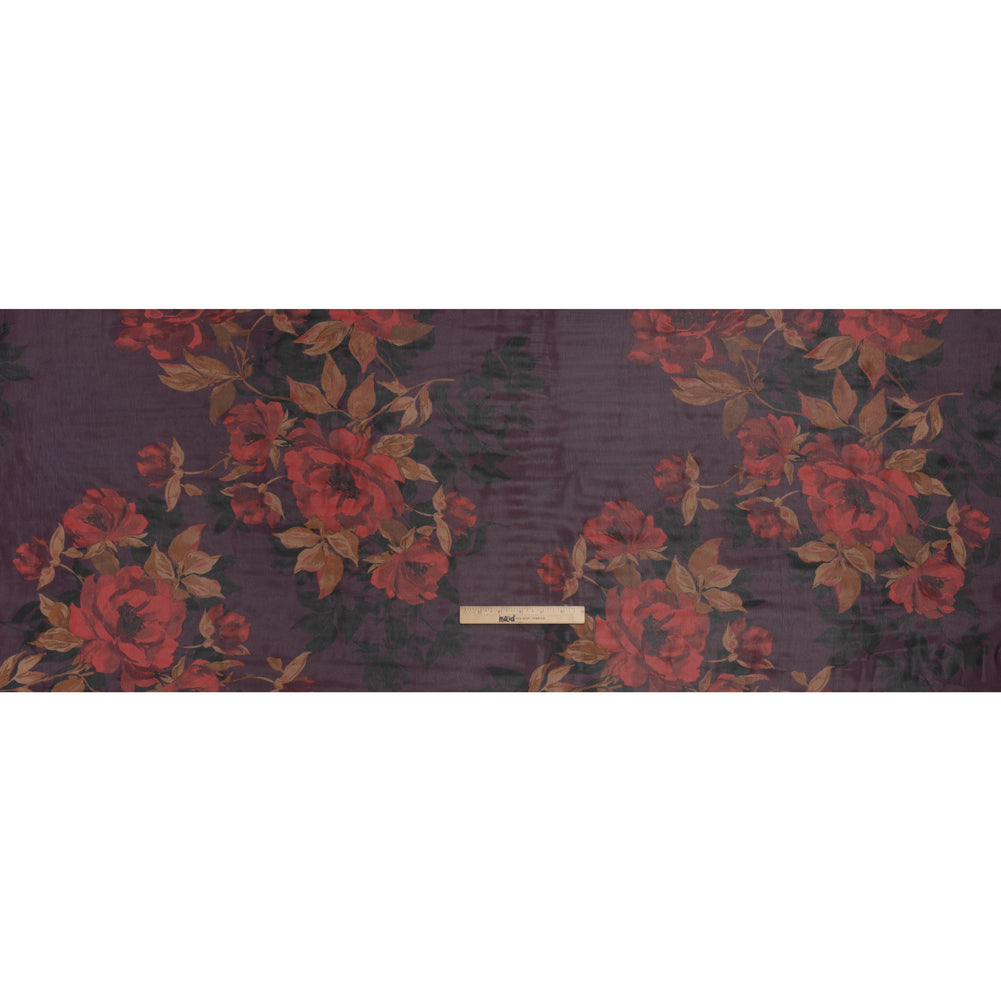 Polyester Chiffon Print - Plum, Red and Tan Floral - Designer Deadstock Full Polyester Chiffon Print - Plum, Red and Tan Floral - Designer Deadstock Full