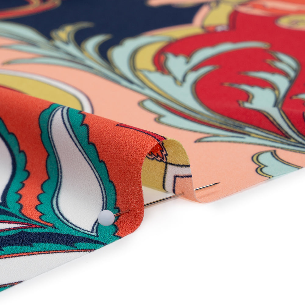 Lightweight Polyester Crepe Print - Peach, Red and Navy Ornate Floral - Designer Deadstock Lightweight Polyester Crepe Print - Peach, Red and Navy Ornate Floral - Designer Deadstock