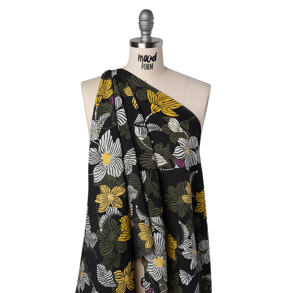 Crinkled Viscose and Nylon Woven - Olive, Yellow and Purple Floral - Designer Deadstock - Folded Crinkled Viscose and Nylon Woven - Olive, Yellow and Purple Floral - Designer Deadstock - Folded