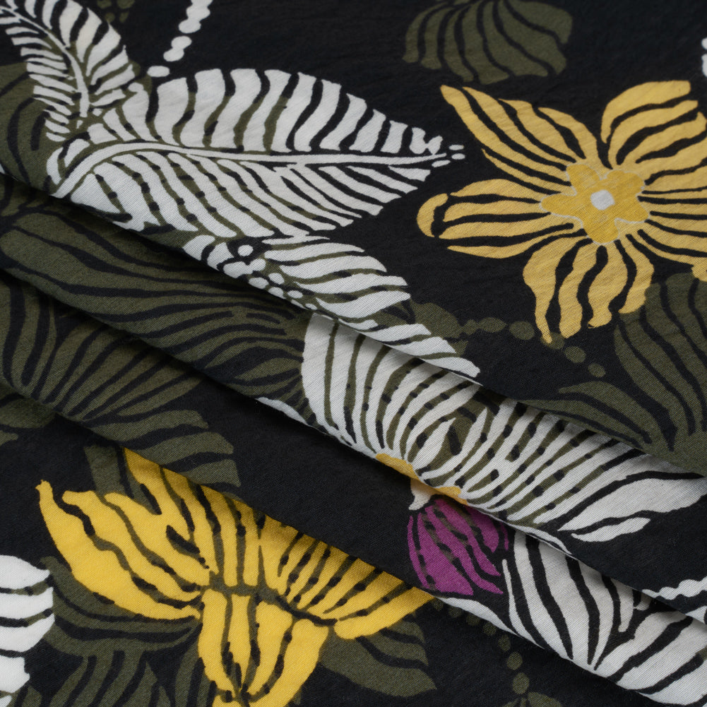 Crinkled Viscose and Nylon Woven - Olive, Yellow and Purple Floral - Designer Deadstock - Detail Crinkled Viscose and Nylon Woven - Olive, Yellow and Purple Floral - Designer Deadstock - Detail