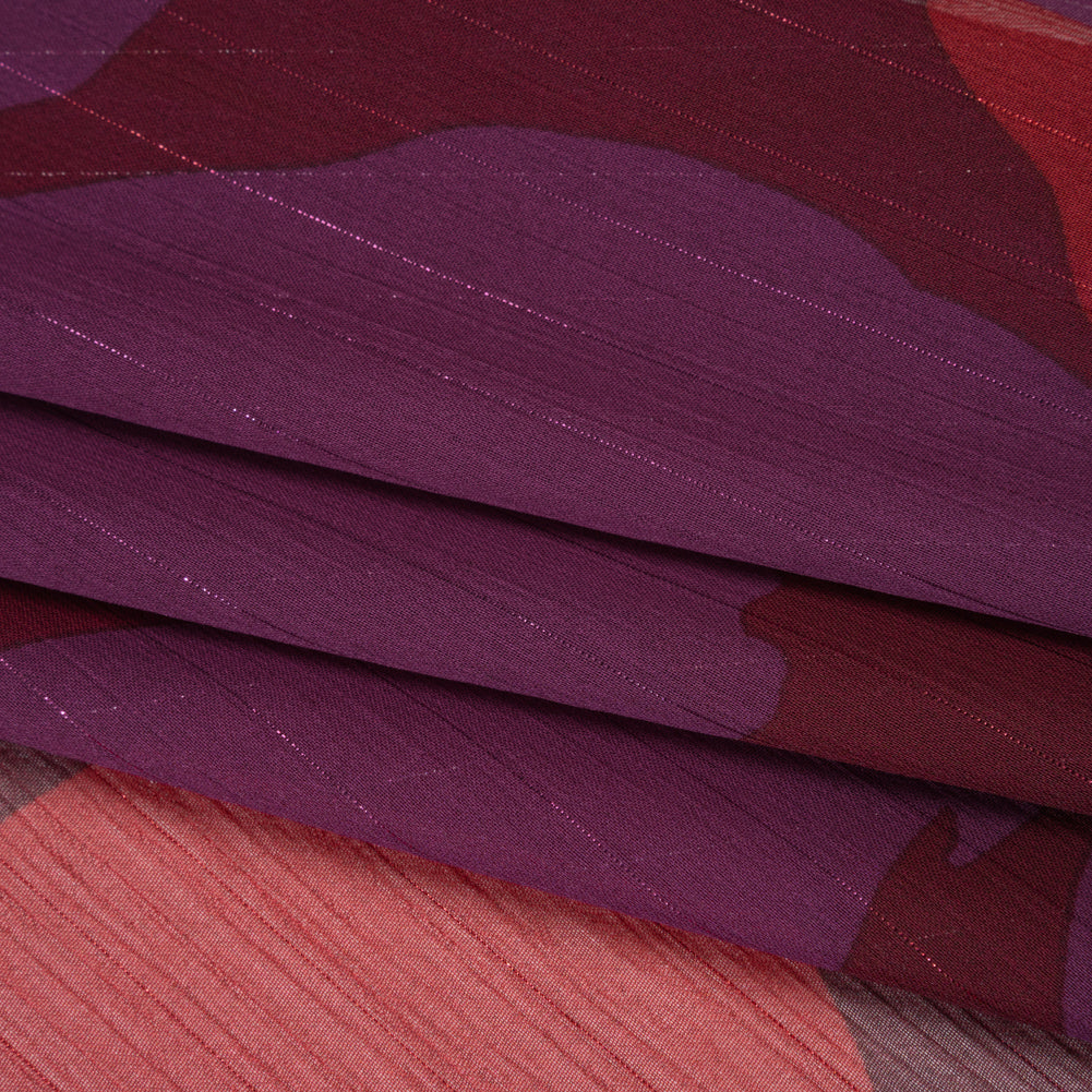 Crinkled Polyester Chiffon Print with Metallic Pinstripes - Burgundy, Brick Red and Plum Floral - Designer Deadstock - Folded Crinkled Polyester Chiffon Print with Metallic Pinstripes - Burgundy, Brick Red and Plum Floral - Designer Deadstock - Folded