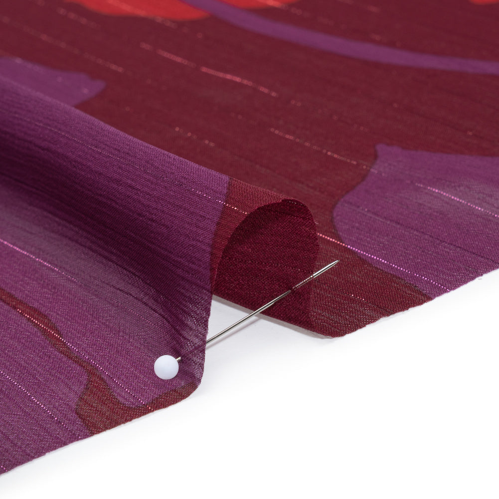Crinkled Polyester Chiffon Print with Metallic Pinstripes - Burgundy, Brick Red and Plum Floral - Designer Deadstock - Detail Crinkled Polyester Chiffon Print with Metallic Pinstripes - Burgundy, Brick Red and Plum Floral - Designer Deadstock - Detail