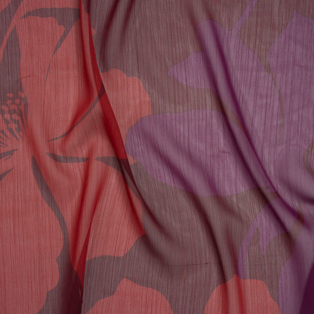 Crinkled Polyester Chiffon Print with Metallic Pinstripes - Burgundy, Brick Red and Plum Floral - Designer Deadstock Crinkled Polyester Chiffon Print with Metallic Pinstripes - Burgundy, Brick Red and Plum Floral - Designer Deadstock