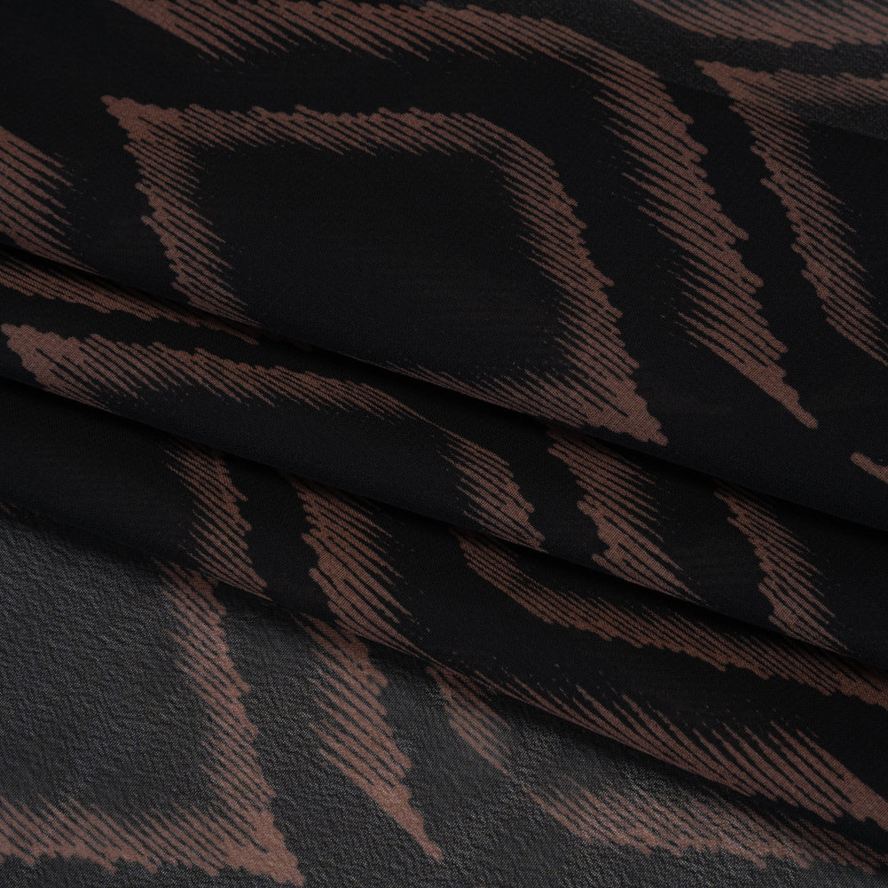 Polyester Chiffon - Black and Tan Ikat Ogees - Designer Deadstock - Folded Polyester Chiffon - Black and Tan Ikat Ogees - Designer Deadstock - Folded