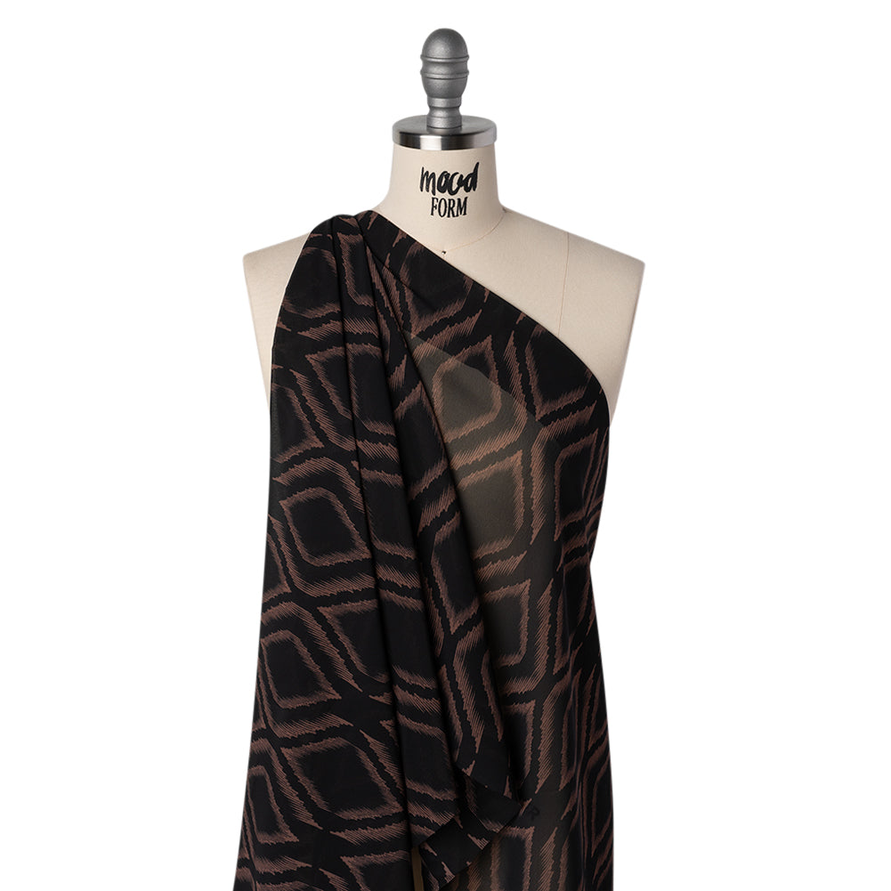 Polyester Chiffon - Black and Tan Ikat Ogees - Designer Deadstock - Drape Polyester Chiffon - Black and Tan Ikat Ogees - Designer Deadstock - Drape