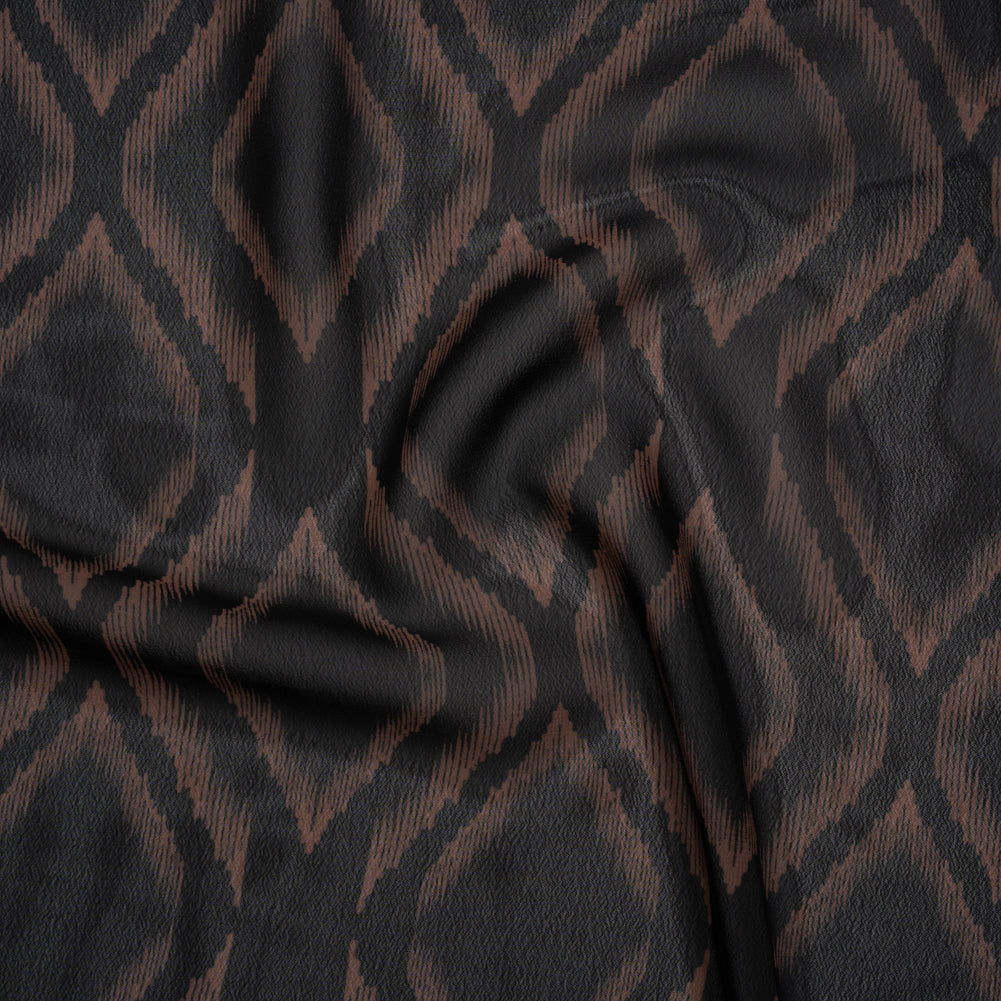 Polyester Chiffon - Black and Tan Ikat Ogees - Designer Deadstock Polyester Chiffon - Black and Tan Ikat Ogees - Designer Deadstock