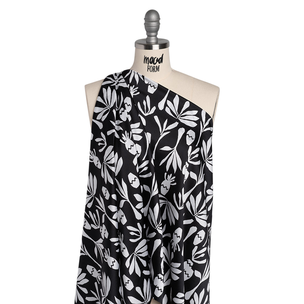 Polyester Satin Print - Black and White Carved Florals - Designer Deadstock Polyester Satin Print - Black and White Carved Florals - Designer Deadstock