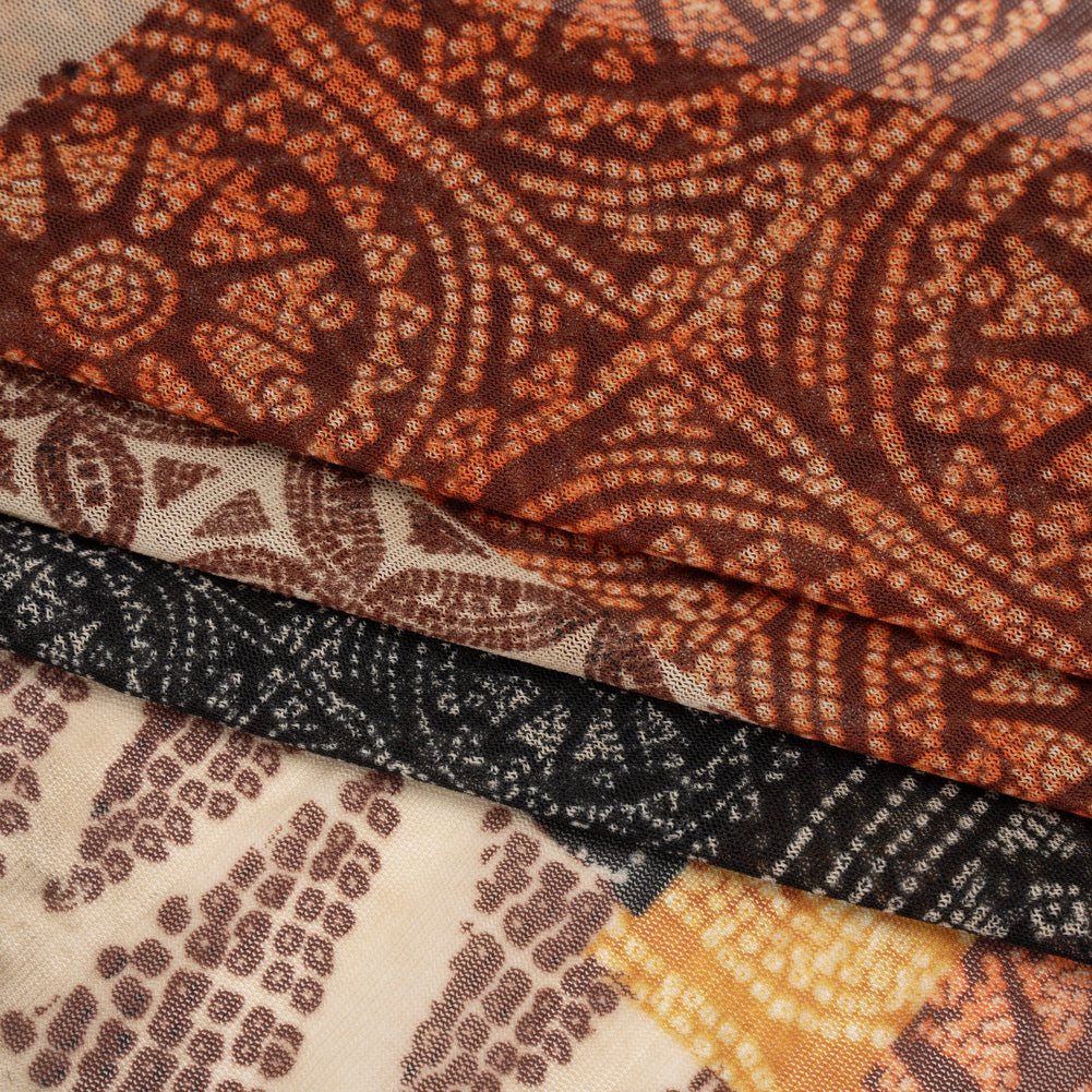 Polyester Stretch Mesh Print - Black, Orange and Burgundy Dotted Geometric - Designer Deadstock Detail Polyester Stretch Mesh Print - Black, Orange and Burgundy Dotted Geometric - Designer Deadstock Detail