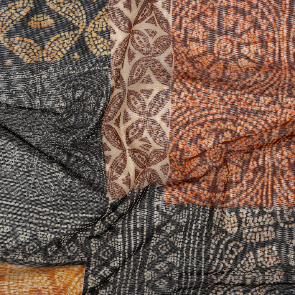 Polyester Stretch Mesh Print - Black, Orange and Burgundy Dotted Geometric - Designer Deadstock Drape Polyester Stretch Mesh Print - Black, Orange and Burgundy Dotted Geometric - Designer Deadstock Drape