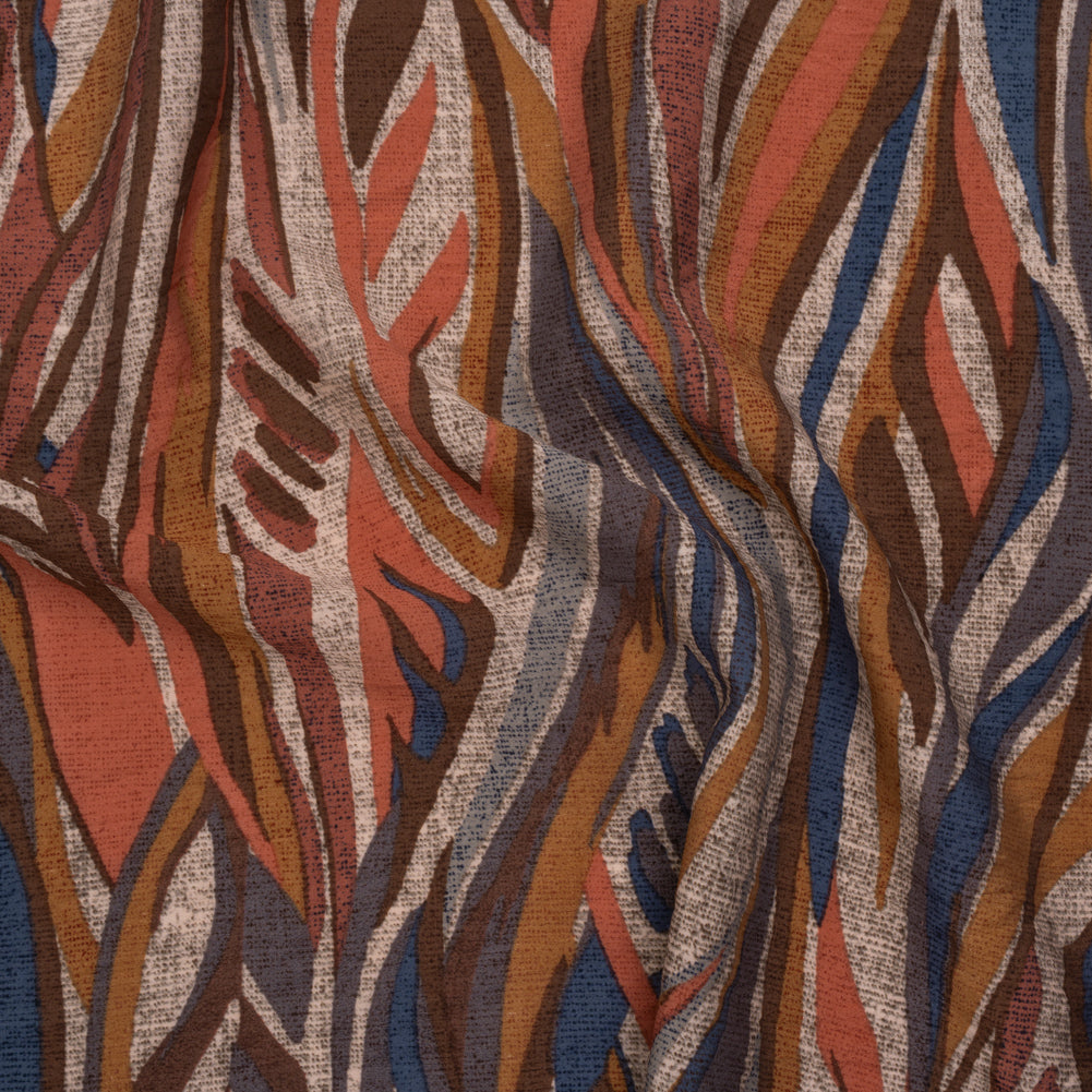 Lightweight Crinkled Rayon and Nylon Woven Print -Terracotta, Brown and Muted Blue Leafy Lines and Texture - Designer Deadstock - Drape Lightweight Crinkled Rayon and Nylon Woven Print -Terracotta, Brown and Muted Blue Leafy Lines and Texture - Designer Deadstock - Drape
