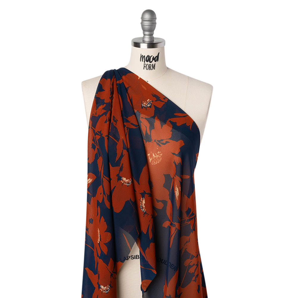 Polyester Chiffon Print - Navy Blue and Rust Floral - Designer Deadstock Folded Polyester Chiffon Print - Navy Blue and Rust Floral - Designer Deadstock Folded