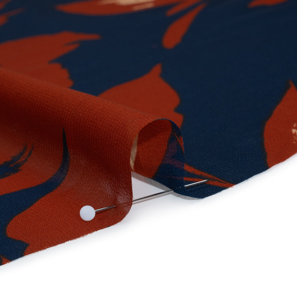 Polyester Chiffon Print - Navy Blue and Rust Floral - Designer Deadstock Full Polyester Chiffon Print - Navy Blue and Rust Floral - Designer Deadstock Full