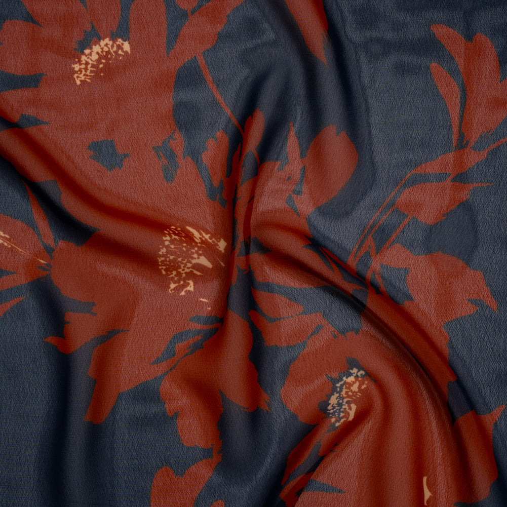Polyester Chiffon Print - Navy Blue and Rust Floral - Designer Deadstock Drape Polyester Chiffon Print - Navy Blue and Rust Floral - Designer Deadstock Drape