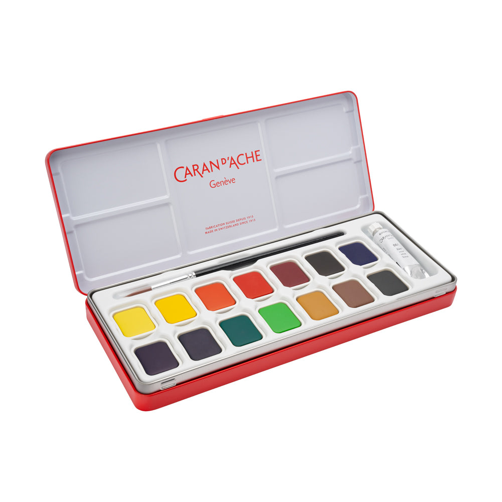 Caran d'Ache Gouache Studio Pan Set - 14 Pans with White Tube - Includes Brush Caran d'Ache Gouache Studio Pan Set - 14 Pans with White Tube - Includes Brush