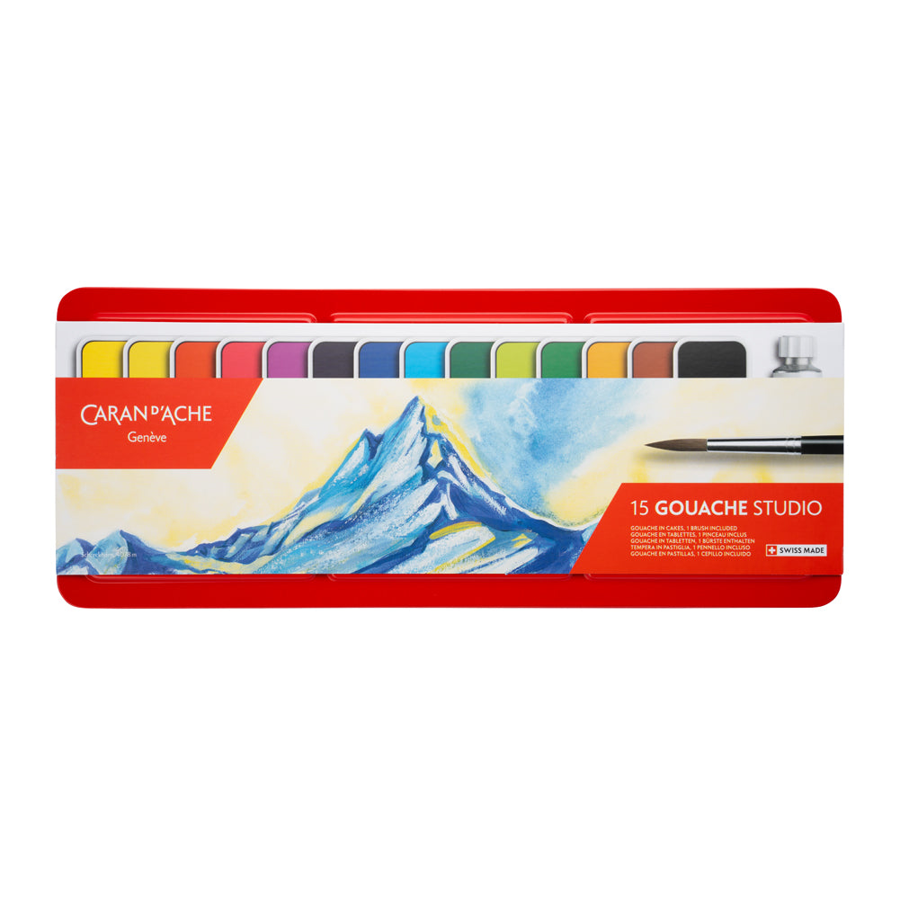 Caran d'Ache Gouache Studio Pan Set - 14 Pans with White Tube - Includes Brush Caran d'Ache Gouache Studio Pan Set - 14 Pans with White Tube - Includes Brush
