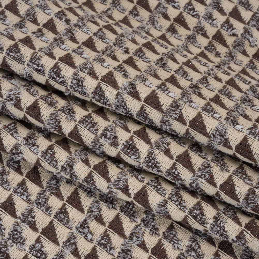 Heavy Polyester Woven with Short Fringe - Ivory and Brown Triangles - Deadstock - Folded Heavy Polyester Woven with Short Fringe - Ivory and Brown Triangles - Deadstock - Folded