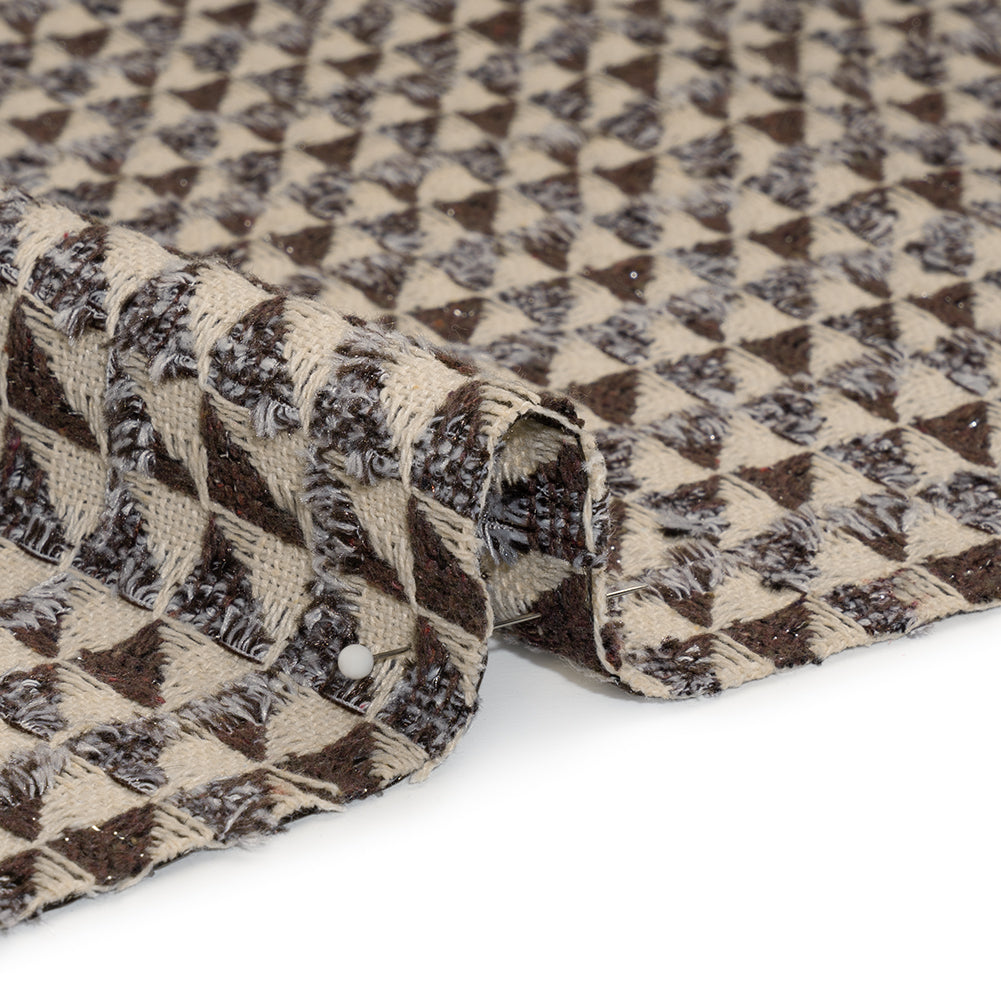Heavy Polyester Woven with Short Fringe - Ivory and Brown Triangles - Deadstock - Detail Heavy Polyester Woven with Short Fringe - Ivory and Brown Triangles - Deadstock - Detail
