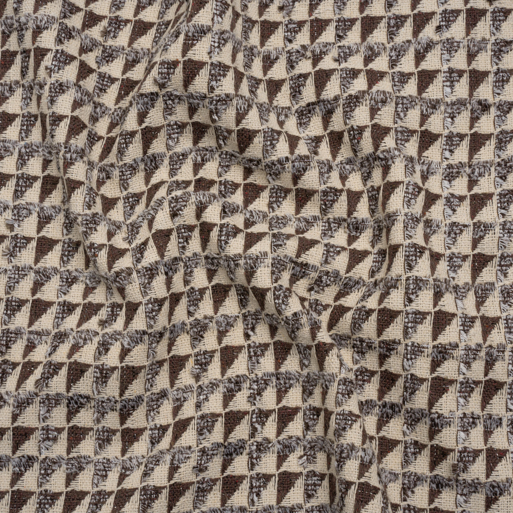 Heavy Polyester Woven with Short Fringe - Ivory and Brown Triangles - Deadstock Heavy Polyester Woven with Short Fringe - Ivory and Brown Triangles - Deadstock