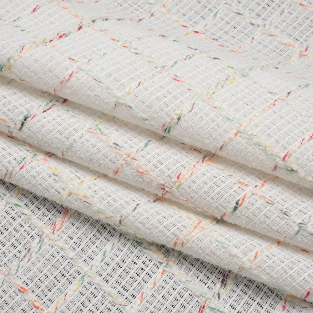Polyester Tweedy Woven - White and Rainbow Ribbed Windowpane Check - Deadstock Polyester Tweedy Woven - White and Rainbow Ribbed Windowpane Check - Deadstock