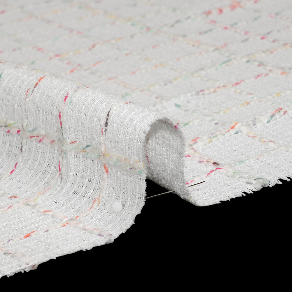 Polyester Tweedy Woven - White and Rainbow Ribbed Windowpane Check - Deadstock Polyester Tweedy Woven - White and Rainbow Ribbed Windowpane Check - Deadstock