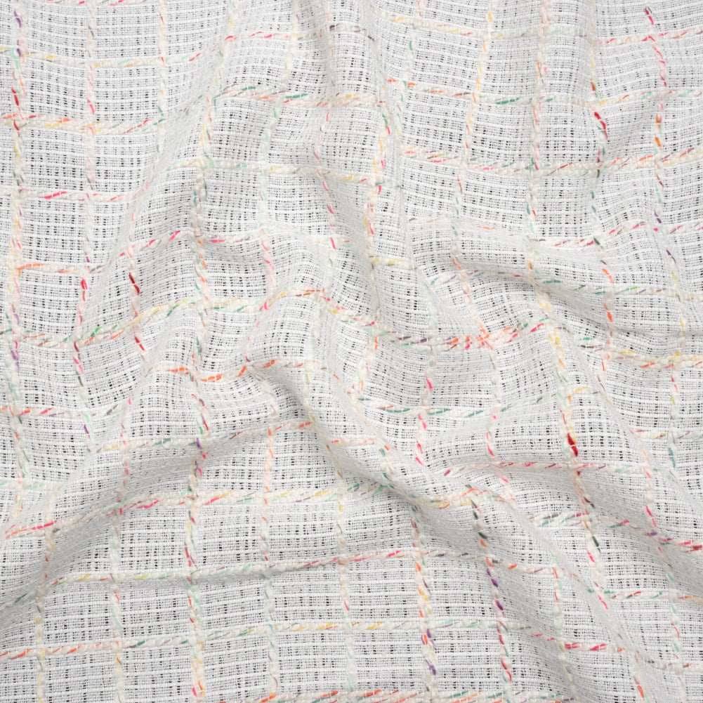 Polyester Tweedy Woven - White and Rainbow Ribbed Windowpane Check - Deadstock Polyester Tweedy Woven - White and Rainbow Ribbed Windowpane Check - Deadstock