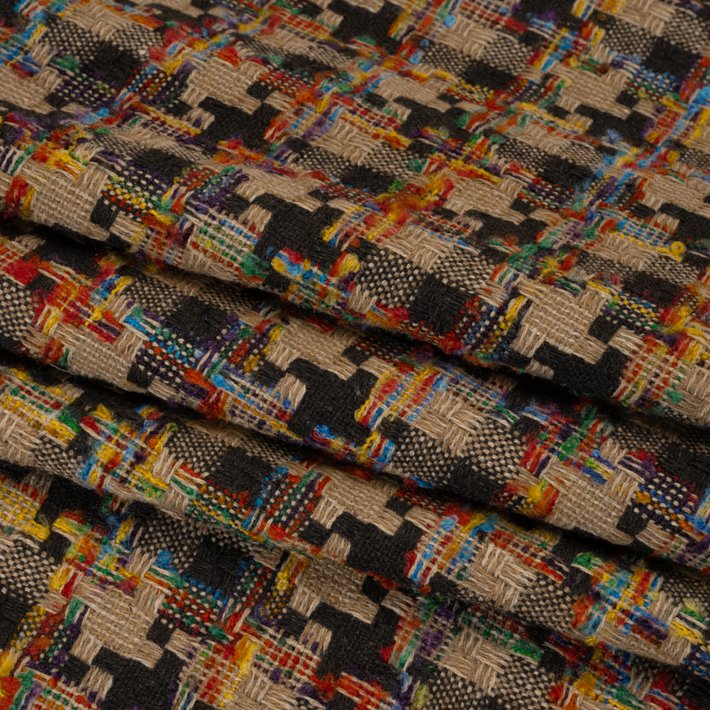 Wool Blend Tweedy Boucle Woven - Brown, Beige and Rainbow Blocky Houndstooth Wool Blend Tweedy Boucle Woven - Brown, Beige and Rainbow Blocky Houndstooth