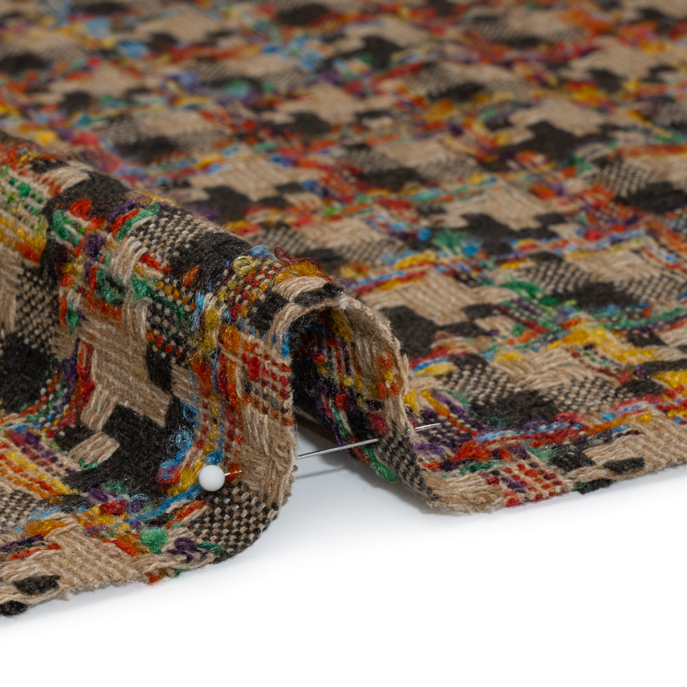 Wool Blend Tweedy Boucle Woven - Brown, Beige and Rainbow Blocky Houndstooth Wool Blend Tweedy Boucle Woven - Brown, Beige and Rainbow Blocky Houndstooth
