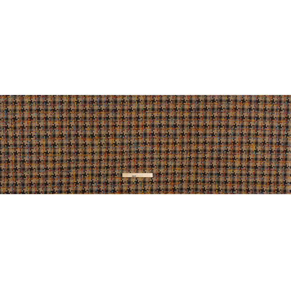Wool Blend Tweedy Boucle Woven - Brown, Beige and Rainbow Blocky Houndstooth Wool Blend Tweedy Boucle Woven - Brown, Beige and Rainbow Blocky Houndstooth