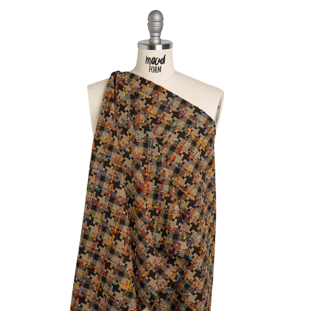 Wool Blend Tweedy Boucle Woven - Brown, Beige and Rainbow Blocky Houndstooth Wool Blend Tweedy Boucle Woven - Brown, Beige and Rainbow Blocky Houndstooth