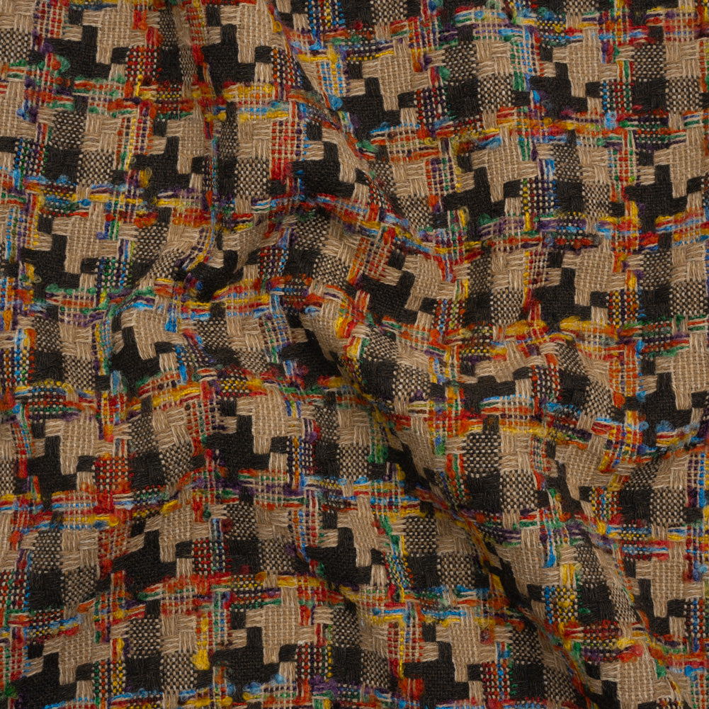 Wool Blend Tweedy Boucle Woven - Brown, Beige and Rainbow Blocky Houndstooth Wool Blend Tweedy Boucle Woven - Brown, Beige and Rainbow Blocky Houndstooth