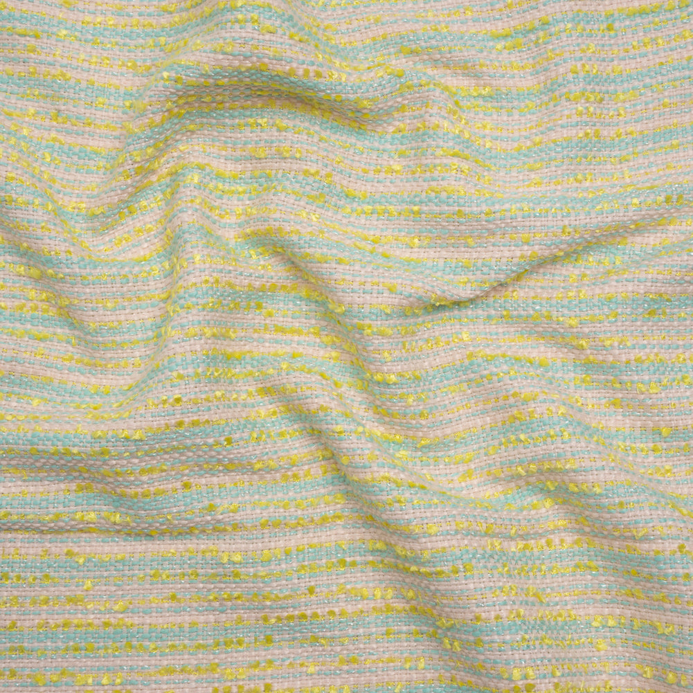 Polyester Tweed with Short Fringe - Pastel Pink, Yellow and Blue Striations - Deadstock Polyester Tweed with Short Fringe - Pastel Pink, Yellow and Blue Striations - Deadstock