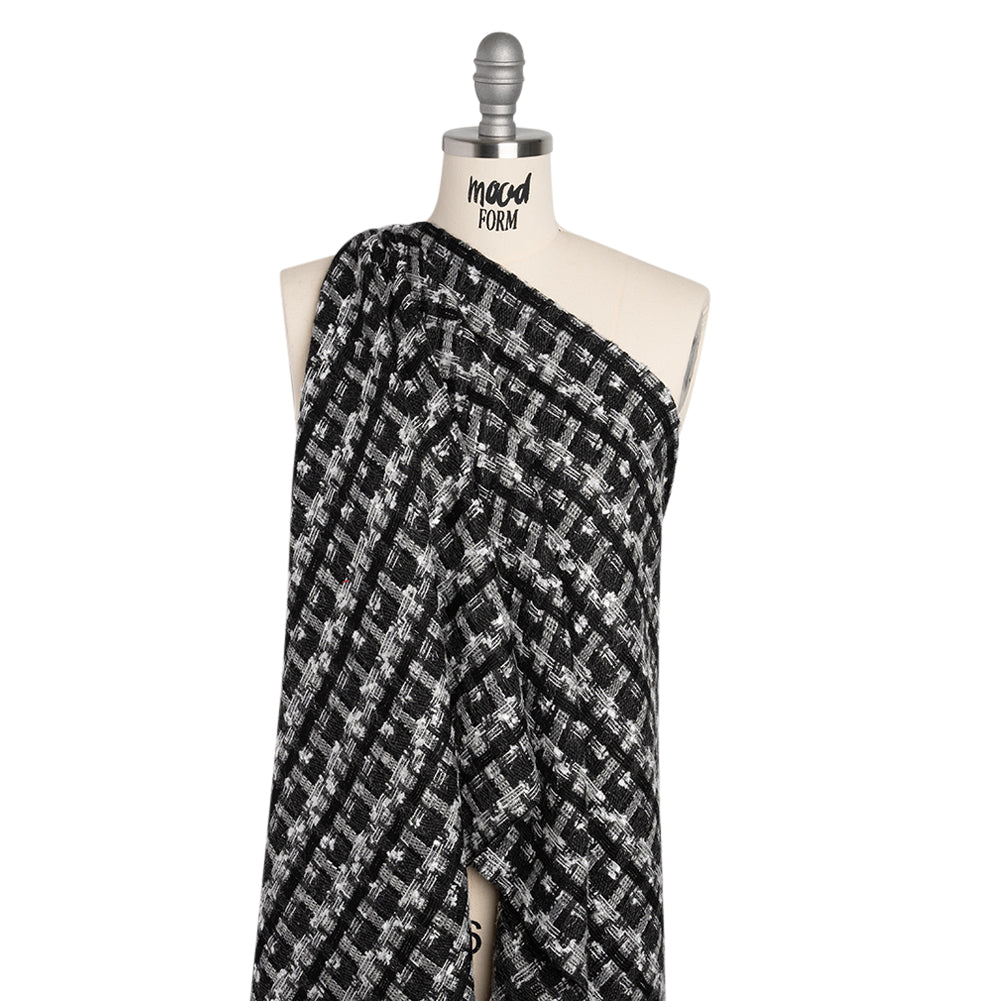 Wool Blend Tweed with Metallic Eyelash Fringe - Black and White Plaid - Deadstock Wool Blend Tweed with Metallic Eyelash Fringe - Black and White Plaid - Deadstock