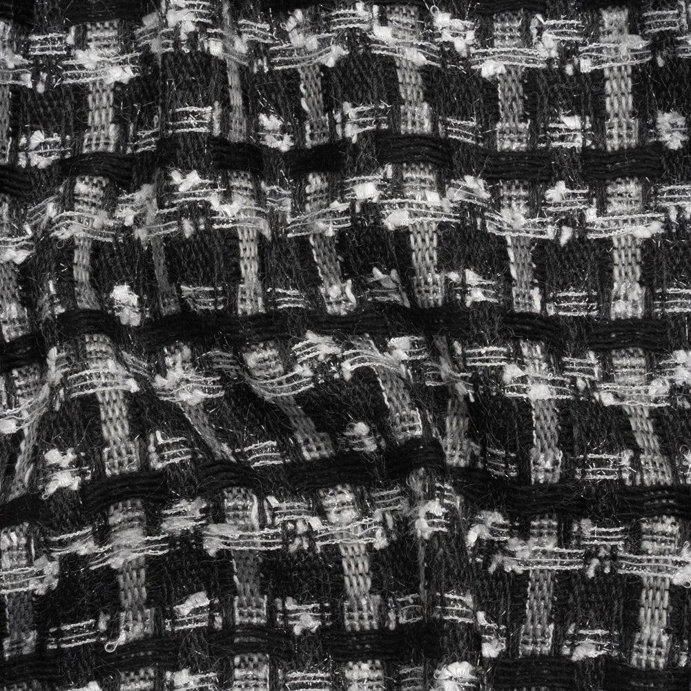 Wool Blend Tweed with Metallic Eyelash Fringe - Black and White Plaid - Deadstock Wool Blend Tweed with Metallic Eyelash Fringe - Black and White Plaid - Deadstock