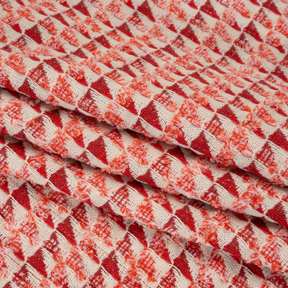 Heavy Polyester Woven with Short Fringe - Ivory and Red Triangles - Deadstock - Folded Heavy Polyester Woven with Short Fringe - Ivory and Red Triangles - Deadstock - Folded