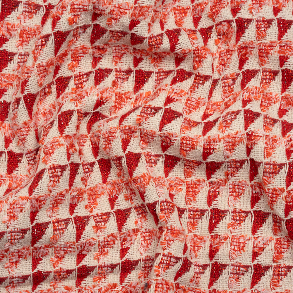 Heavy Polyester Woven with Short Fringe - Ivory and Red Triangles - Deadstock Heavy Polyester Woven with Short Fringe - Ivory and Red Triangles - Deadstock