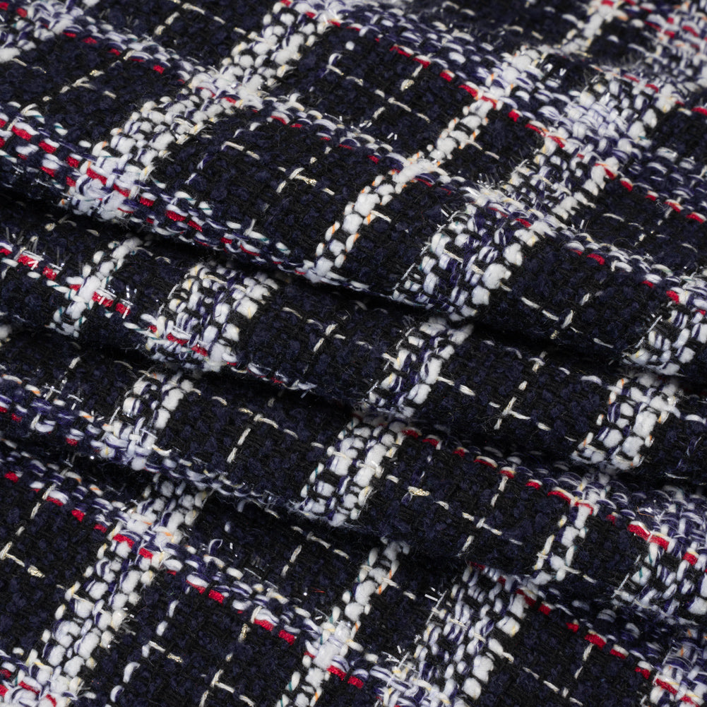 Tweedy Boucle Woven with Metallic Eyelash Fringe - Navy, White and Red Plaid - Deadstock Tweedy Boucle Woven with Metallic Eyelash Fringe - Navy, White and Red Plaid - Deadstock