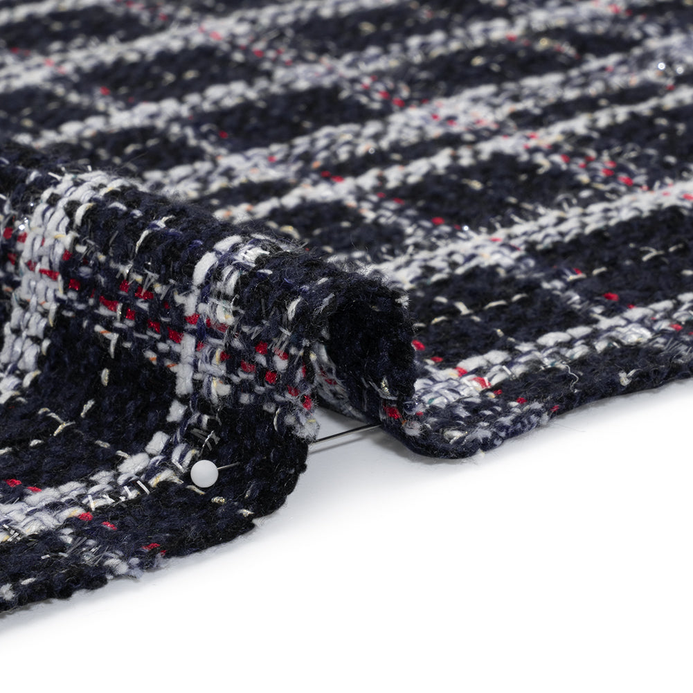 Tweedy Boucle Woven with Metallic Eyelash Fringe - Navy, White and Red Plaid - Deadstock Tweedy Boucle Woven with Metallic Eyelash Fringe - Navy, White and Red Plaid - Deadstock