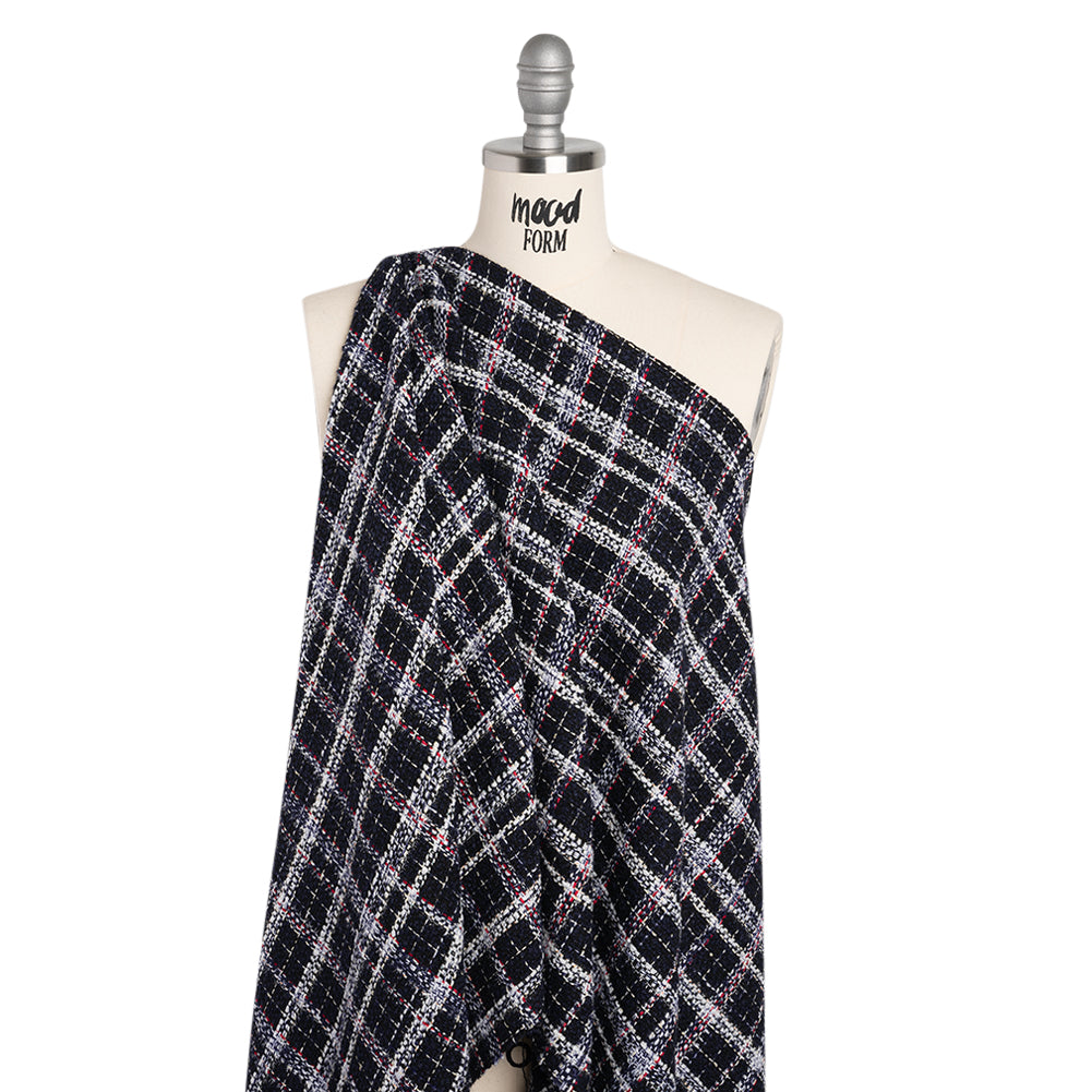 Tweedy Boucle Woven with Metallic Eyelash Fringe - Navy, White and Red Plaid - Deadstock Tweedy Boucle Woven with Metallic Eyelash Fringe - Navy, White and Red Plaid - Deadstock