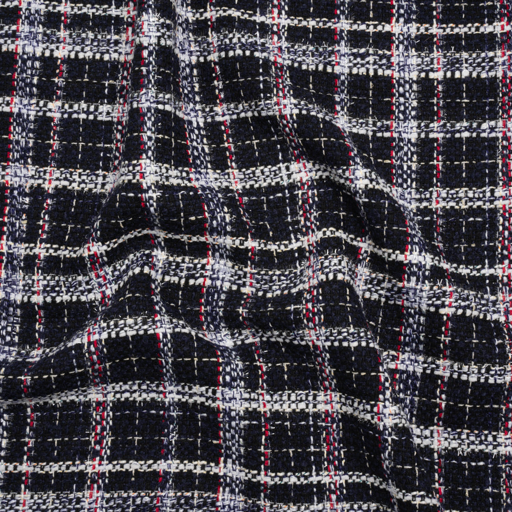 Tweedy Boucle Woven with Metallic Eyelash Fringe - Navy, White and Red Plaid - Deadstock Tweedy Boucle Woven with Metallic Eyelash Fringe - Navy, White and Red Plaid - Deadstock