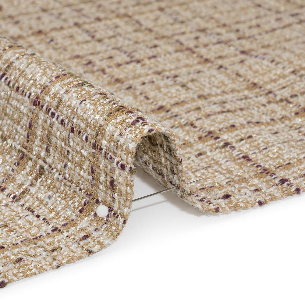 Metallic Polyester Tweed - Beige, White and Burgundy Plaid with Gold Accents - Deadstock Metallic Polyester Tweed - Beige, White and Burgundy Plaid with Gold Accents - Deadstock