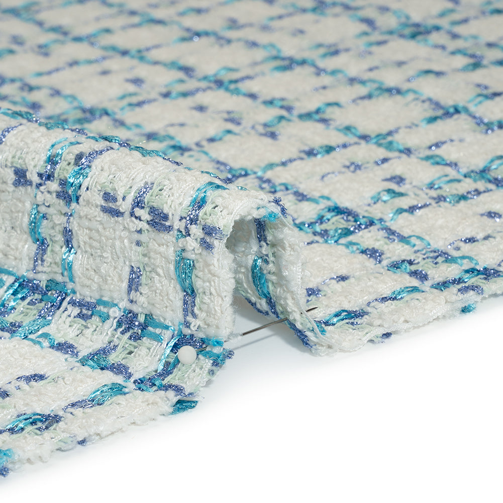 Metallic Boucle Tweed - Country Blue, Turquoise and White Plaid - Deadstock Metallic Boucle Tweed - Country Blue, Turquoise and White Plaid - Deadstock