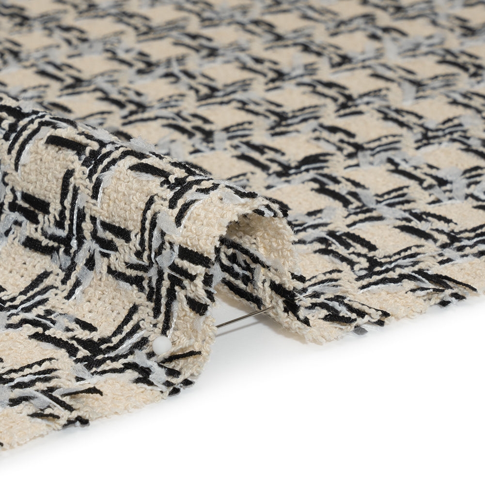 Wool Blend Boucle Tweed - Ivory and Black Houndstooth - Deadstock Wool Blend Boucle Tweed - Ivory and Black Houndstooth - Deadstock