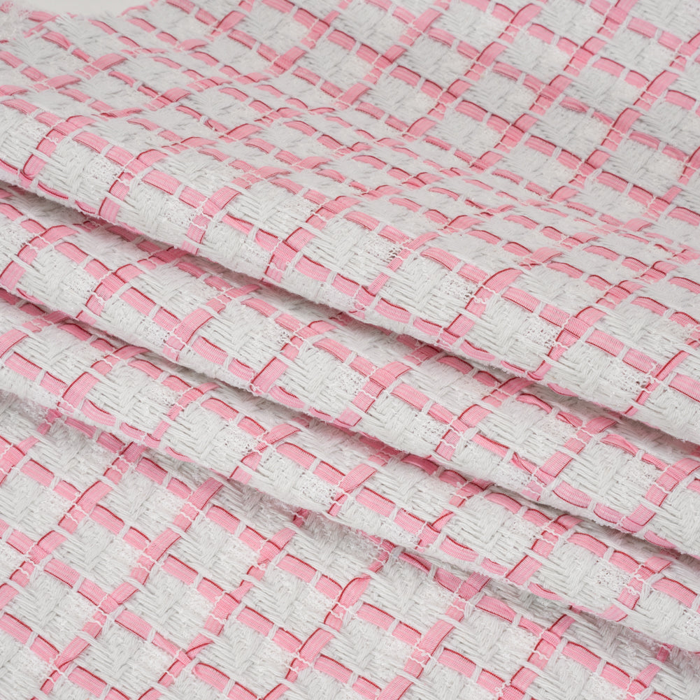 Tweedy Polyester Woven - White and Pink Ribbon Windowpane Checks - Deadstock Tweedy Polyester Woven - White and Pink Ribbon Windowpane Checks - Deadstock