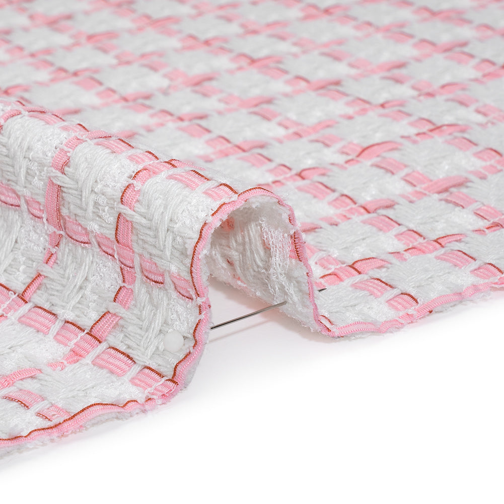 Tweedy Polyester Woven - White and Pink Ribbon Windowpane Checks - Deadstock Tweedy Polyester Woven - White and Pink Ribbon Windowpane Checks - Deadstock