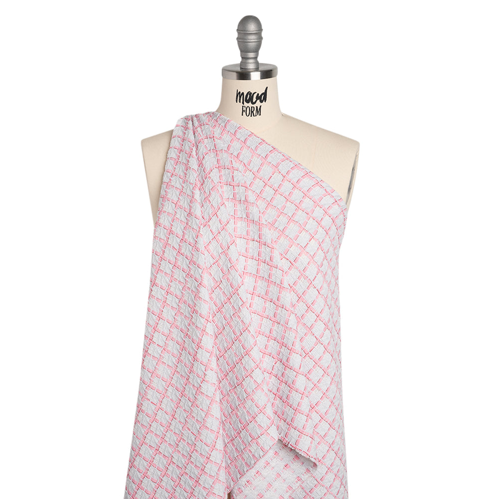 Tweedy Polyester Woven - White and Pink Ribbon Windowpane Checks - Deadstock Tweedy Polyester Woven - White and Pink Ribbon Windowpane Checks - Deadstock