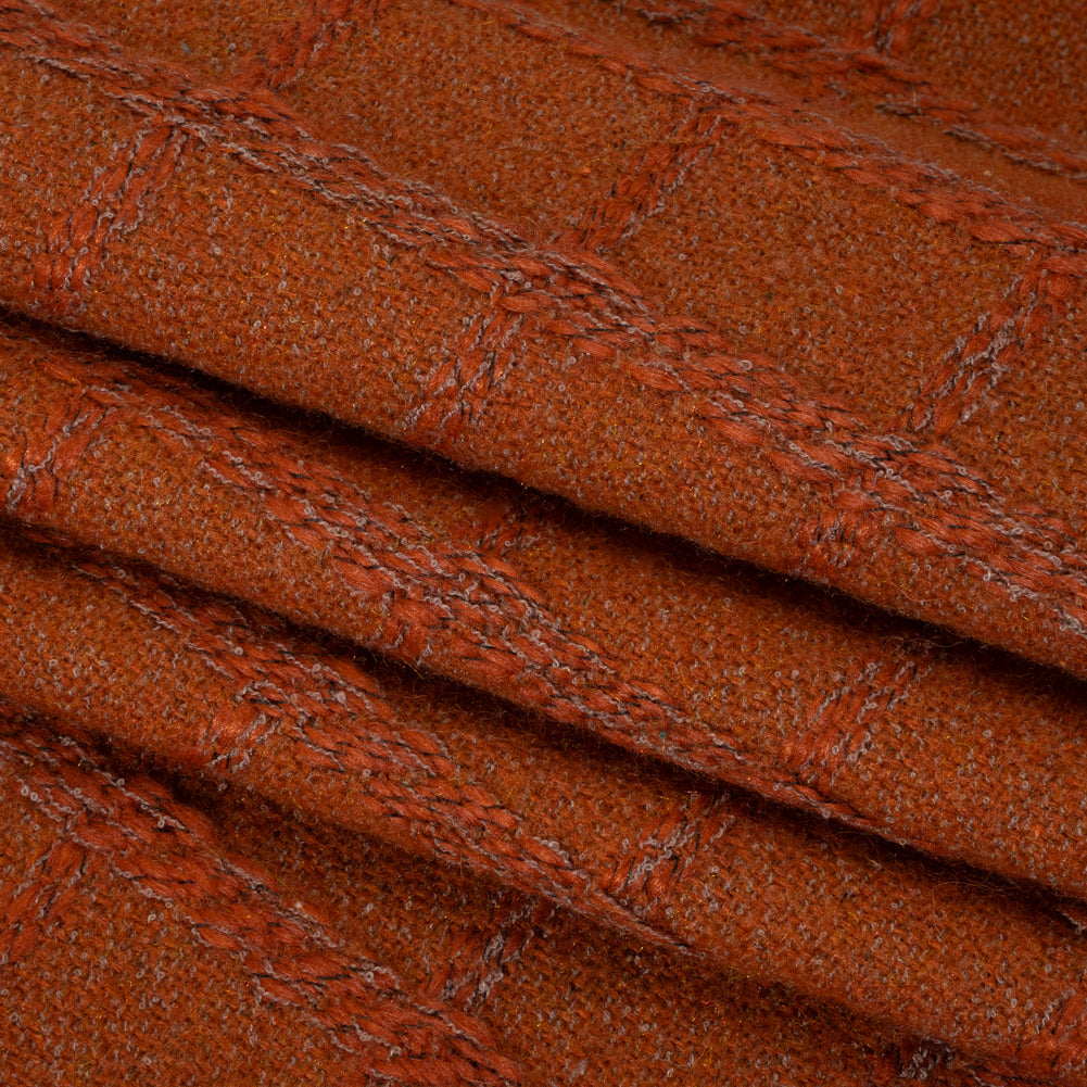Wool Blend Boucle Tweed - Burnt Orange and Taupe Raised Windowpane Checks - Deadstock - Folded Wool Blend Boucle Tweed - Burnt Orange and Taupe Raised Windowpane Checks - Deadstock - Folded