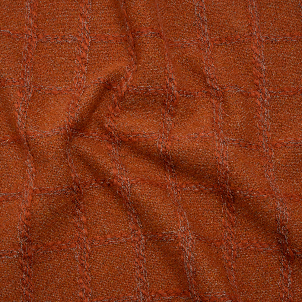 Wool Blend Boucle Tweed - Burnt Orange and Taupe Raised Windowpane Checks - Deadstock Wool Blend Boucle Tweed - Burnt Orange and Taupe Raised Windowpane Checks - Deadstock