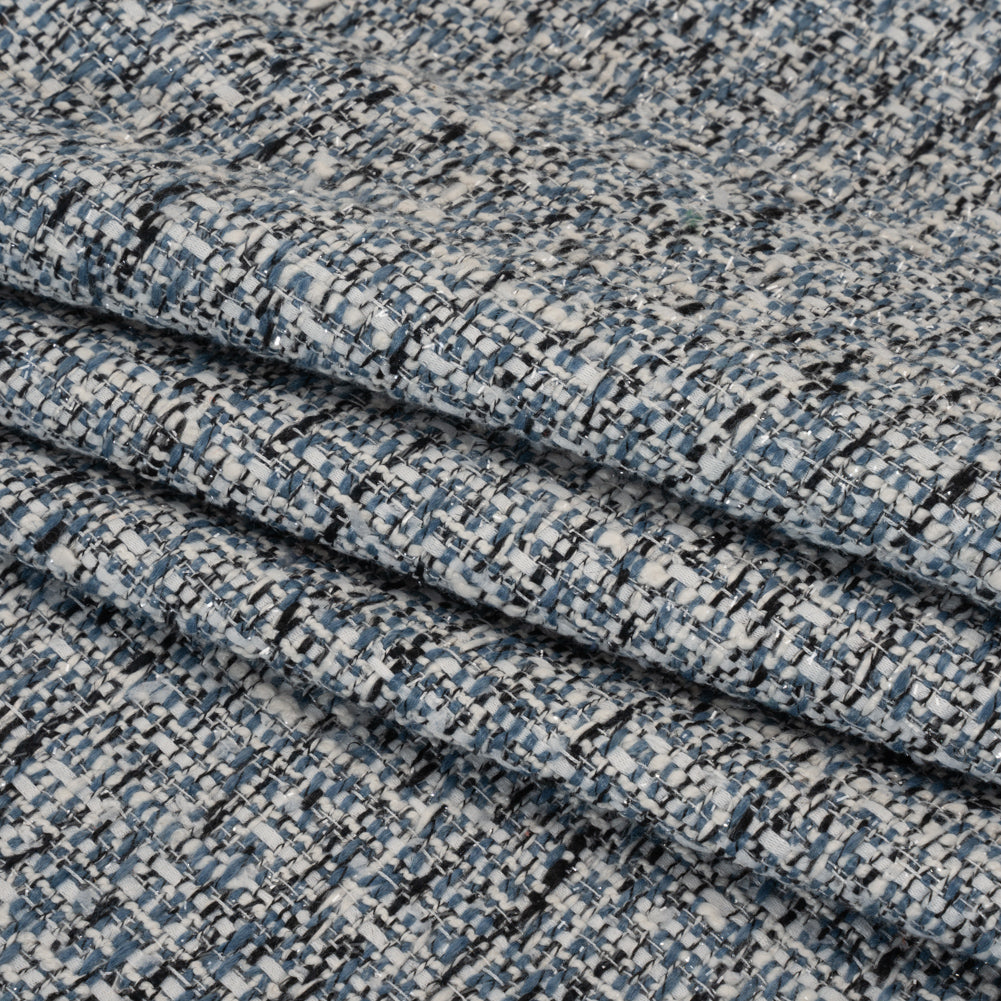 Polyester Tweed with Clear Eyelash Fringe - Blue, White and Black Abstract - Deadstock - Folded Polyester Tweed with Clear Eyelash Fringe - Blue, White and Black Abstract - Deadstock - Folded