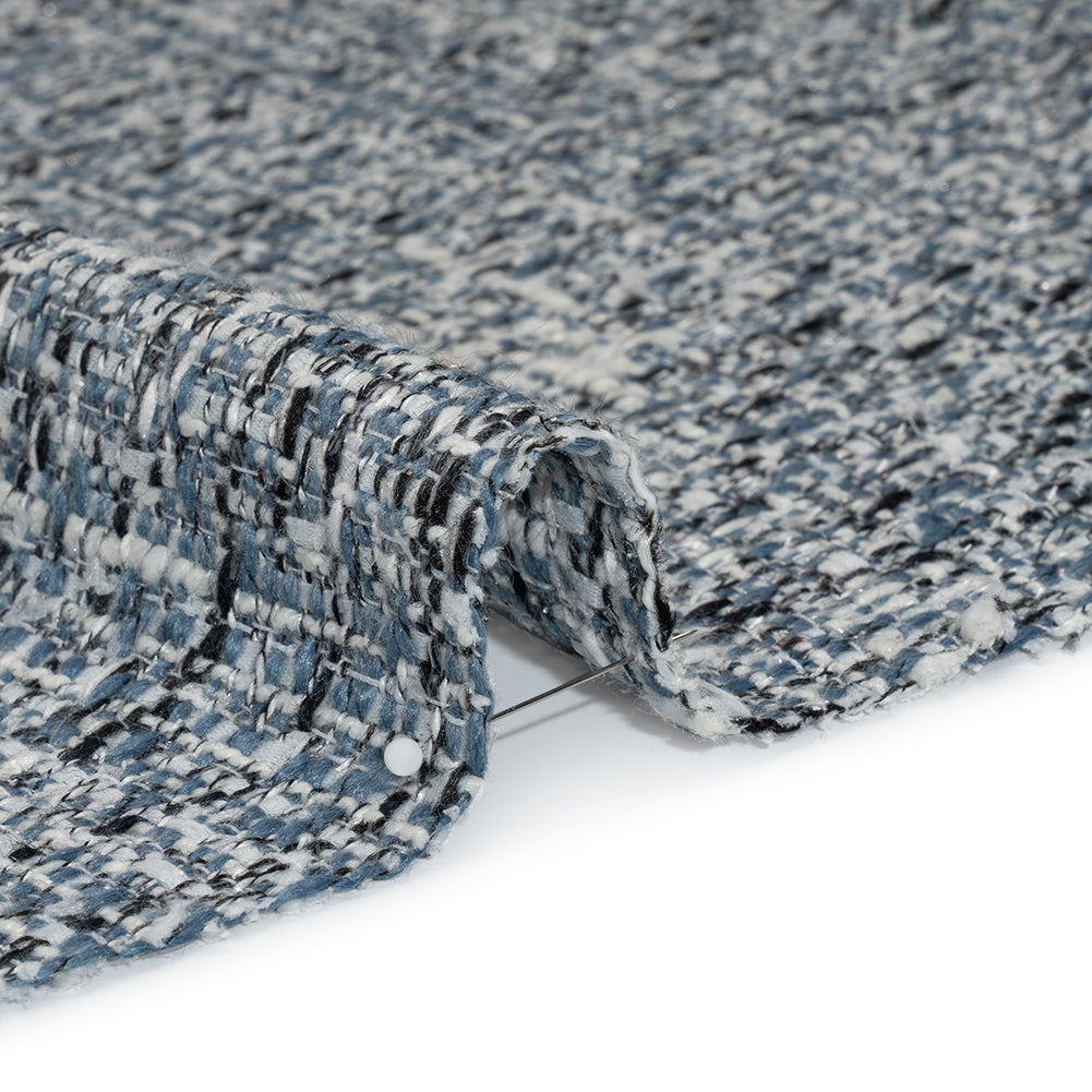 Polyester Tweed with Clear Eyelash Fringe - Blue, White and Black Abstract - Deadstock - Detail Polyester Tweed with Clear Eyelash Fringe - Blue, White and Black Abstract - Deadstock - Detail