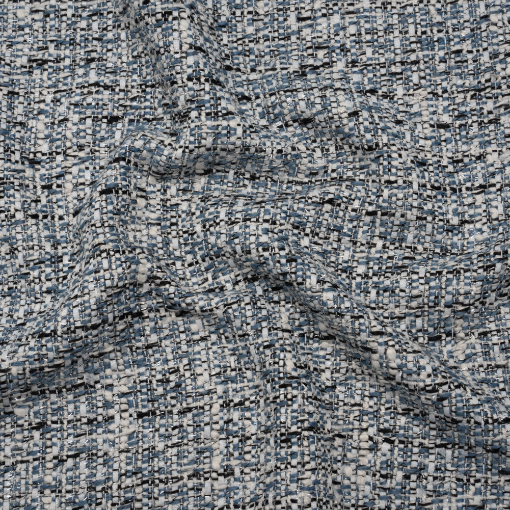 Polyester Tweed with Clear Eyelash Fringe - Blue, White and Black Abstract - Deadstock Polyester Tweed with Clear Eyelash Fringe - Blue, White and Black Abstract - Deadstock